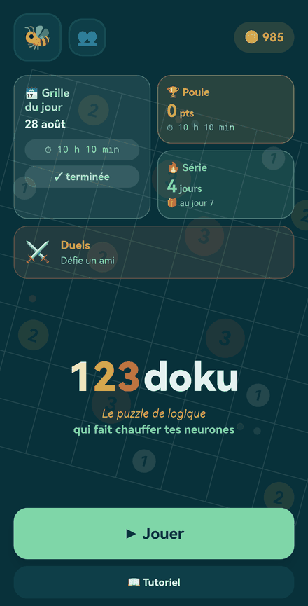 L'écran d'accueil de 123doku : la grille du jour, la poule et les duels.
