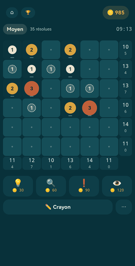 Une grille de 123doku en cours de résolution, avec les poids de chaque ligne et de chaque colonne.